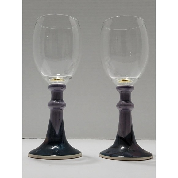Lot Of 2 Kent Follette Pottery Wine/Champagne Glass With Pottery Stem Signed - Picture 1 of 12